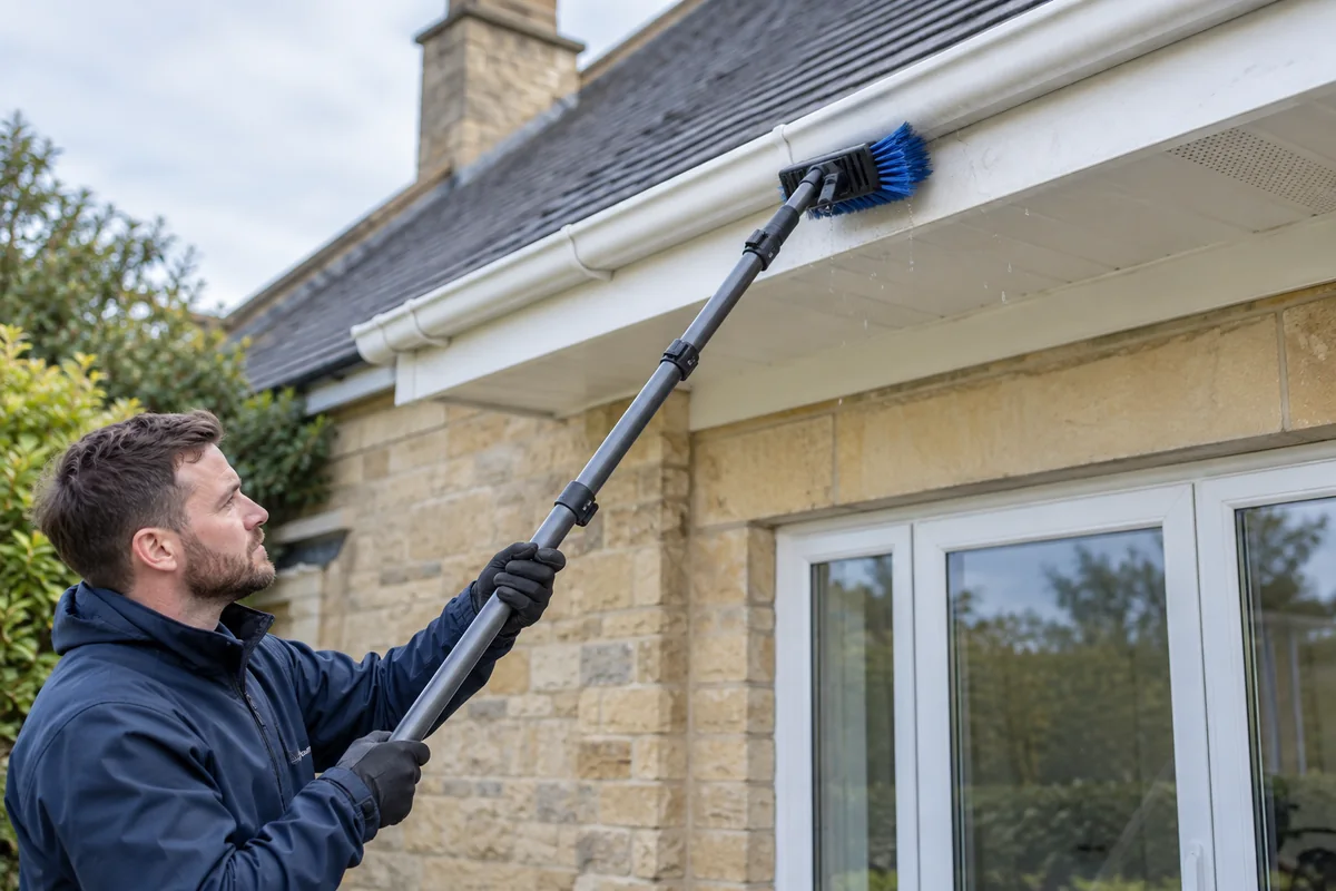 A soft brush washing exterior guttering and fascia