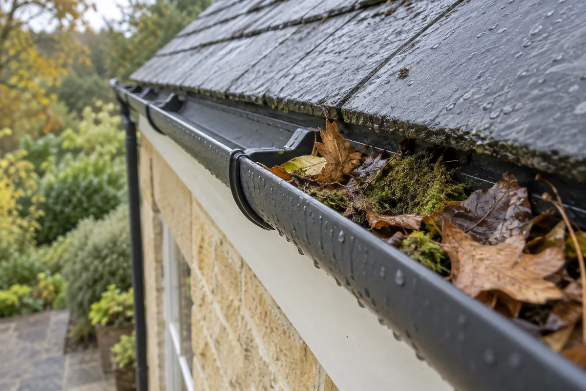 Autumn leaves and moss collected inside rain guttering