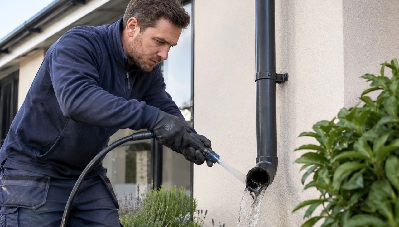 A gutter operative clearing a downpipe